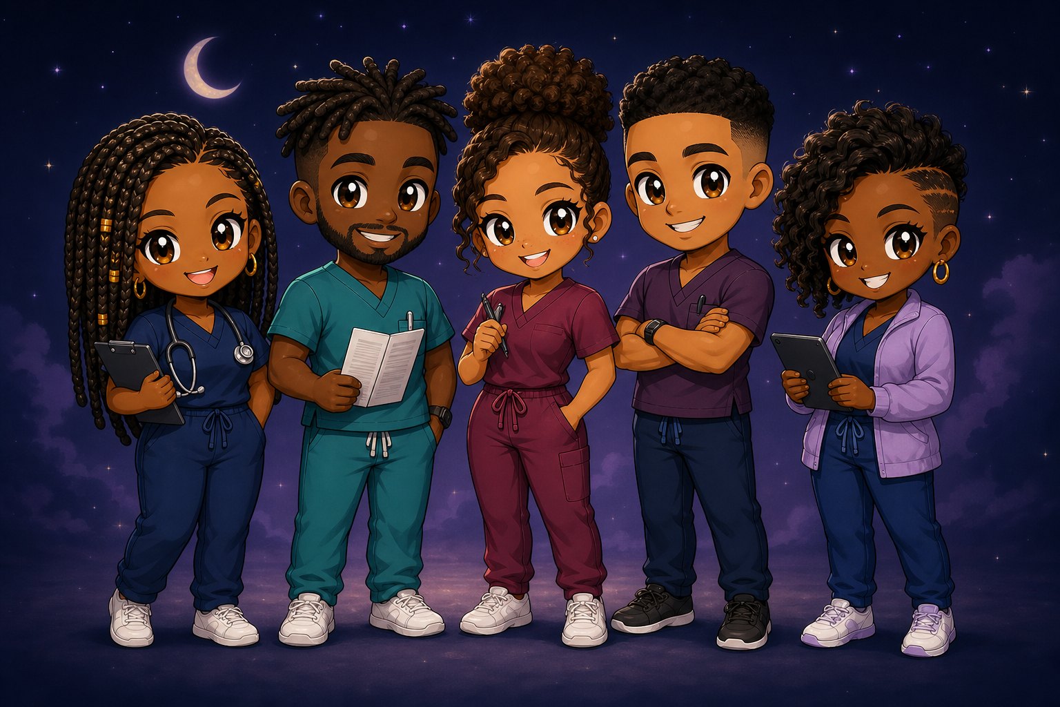 Five illustrated healthcare characters in scrubs standing together under a crescent moon.